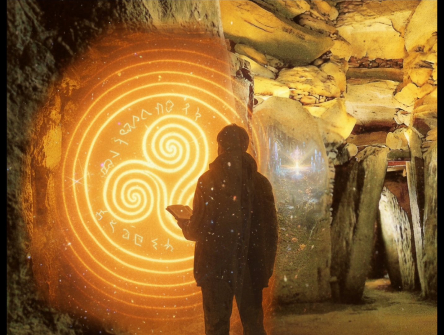 Séan Ó Brien silhouetted inside Newgrange passage, triskelion blazing orange gold