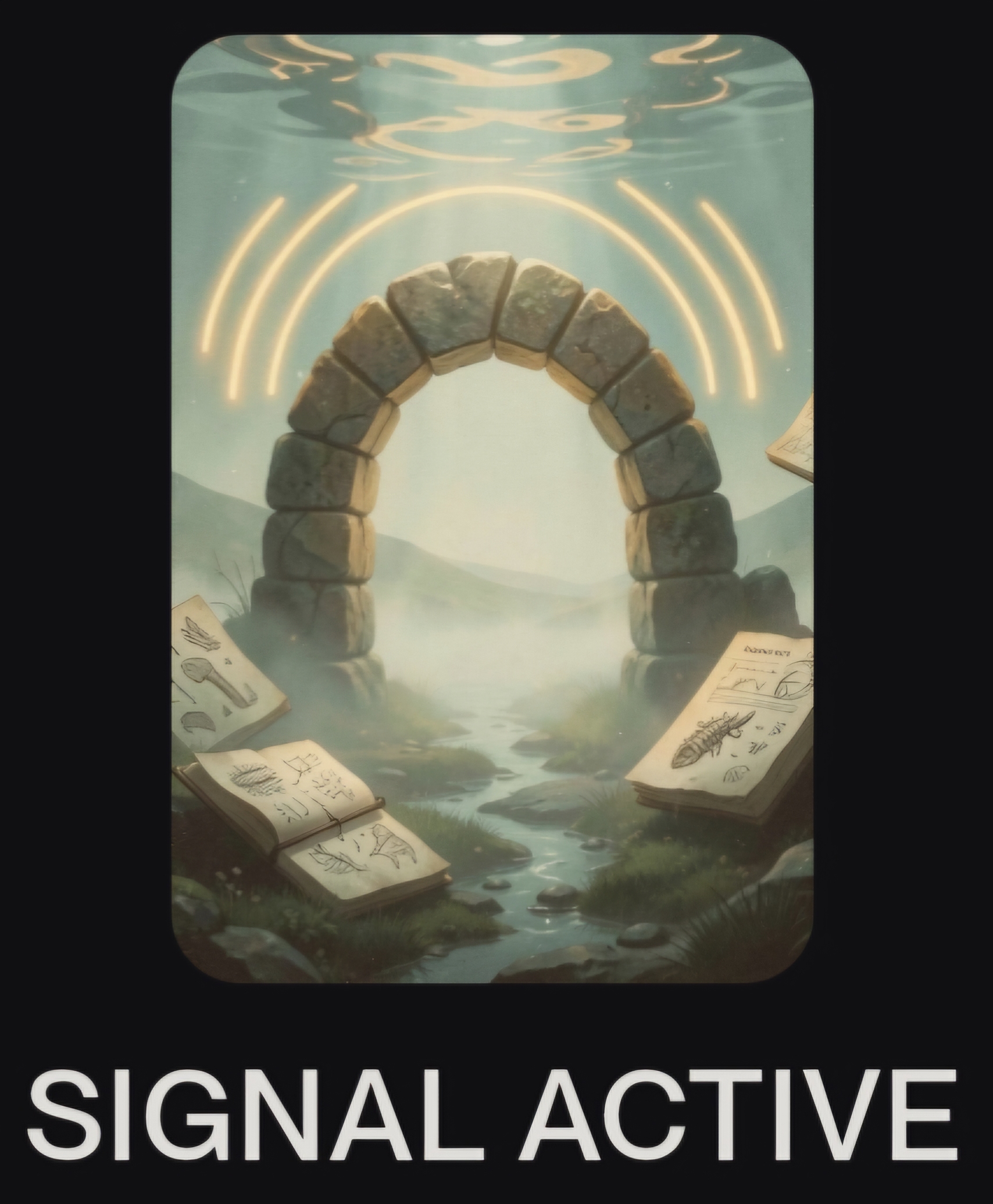 Signal Active — stone arch with open notebooks and signal rings, submerged
