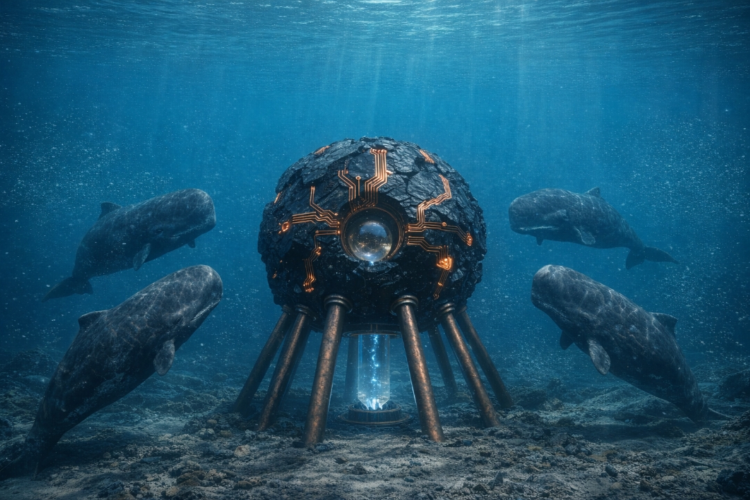 Sperm whales circling an ancient underwater node — the signal sphere