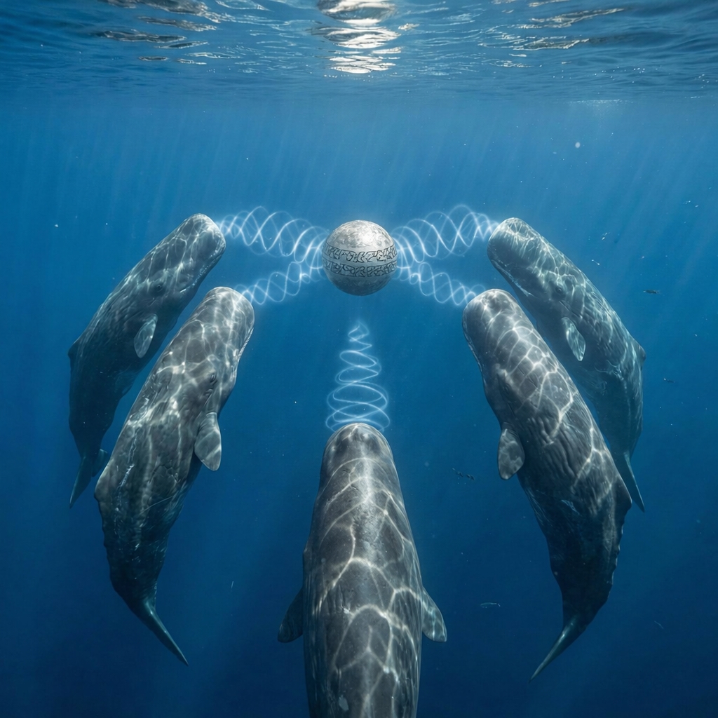 NA-7 — five sperm whales in formation around the sphere, 18.6 Hz frequency wave between them